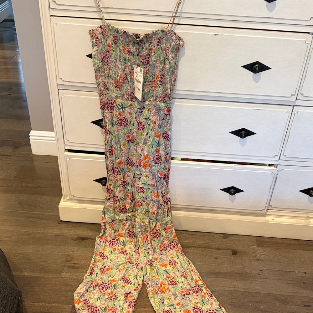 Zara Pastel Floral Smocked Jumpsuit with Spaghetti Straps